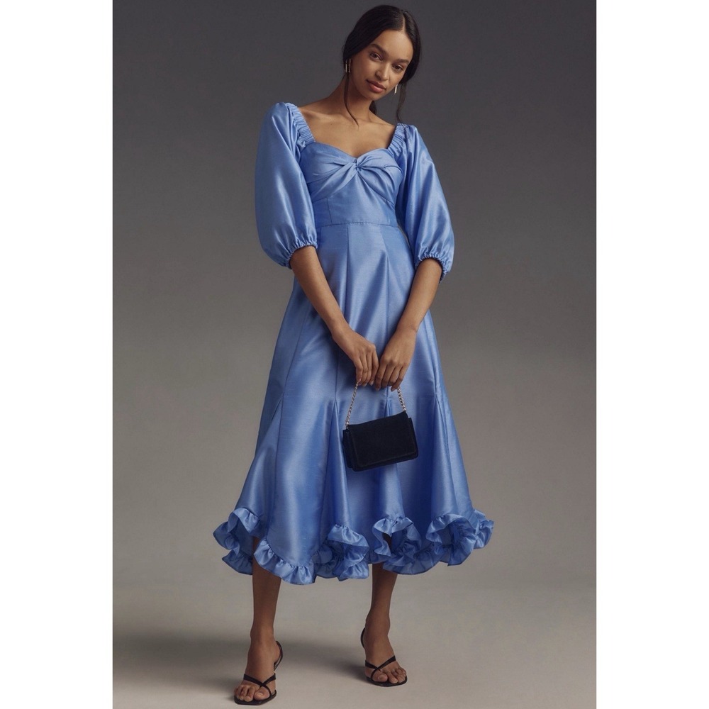 Hutch Anthropologie NWT Twist-front Puff-sleeve Ruffle Midi Dress Medium Blue